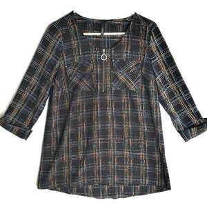 Quarter Zip Black Rainbow Plaid Roll‎ Tab Gauzy Pockets Top Womens S M by Cathy